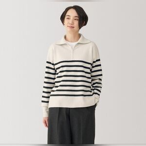 MUJI Washable Milano Ribbed Half Zip Sweater Off White Stripe Size Large